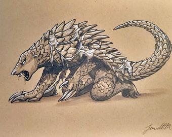 ORIGINAL ARTWORK -- Traditional Copic Sketch Weretober Armadillo Transformation