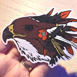 Pegatina de acuarela con retrato de pájaro halcón grifo de fantasía