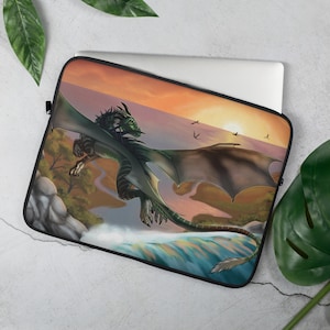 Dragon Flying &quot;The Cove&quot; Ocean Sunset Fantasy Illustration Laptop or Tablet Bag