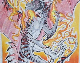 ORIGINAL ARTWORK -- Traditional Copic Sketch Dragon Fire Fantasy Portrait