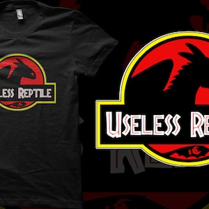 May include: Black t-shirt with a parody design. It features a dragon silhouette within a red circle, and the words "Useless Reptile" in yellow and white. The design is a humorous take on a well-known film logo.