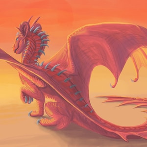 Red Fire Dragon Sunset Fantasy Illustration Prints and Posters