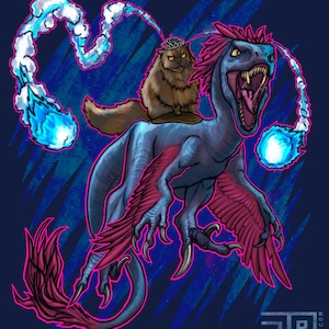 Puede incluir: Una ilustración digital de un raptor azul con plumas y acentos de alas rosas, que lleva un gato marrón esponjoso con una corona. El raptor está rodeado de estelas de energía azul y orbes brillantes. El texto JB ARTISTJENNETTE.COM es visible.