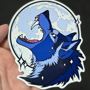 May include: A blue wolf howling at the moon. The wolf is depicted in a cartoon style with a white background and blue and white moon.