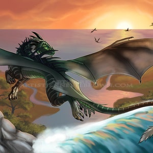 Dragon Flying &quot;The Cove&quot; Ocean Sunset Fantasy Illustration Prints and Posters