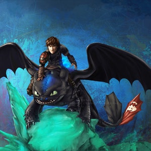 May include: An illustration of a young person riding a black dragon with large wings. The dragon has glowing blue accents and a red and white tail fin. The background is a textured blue and teal.