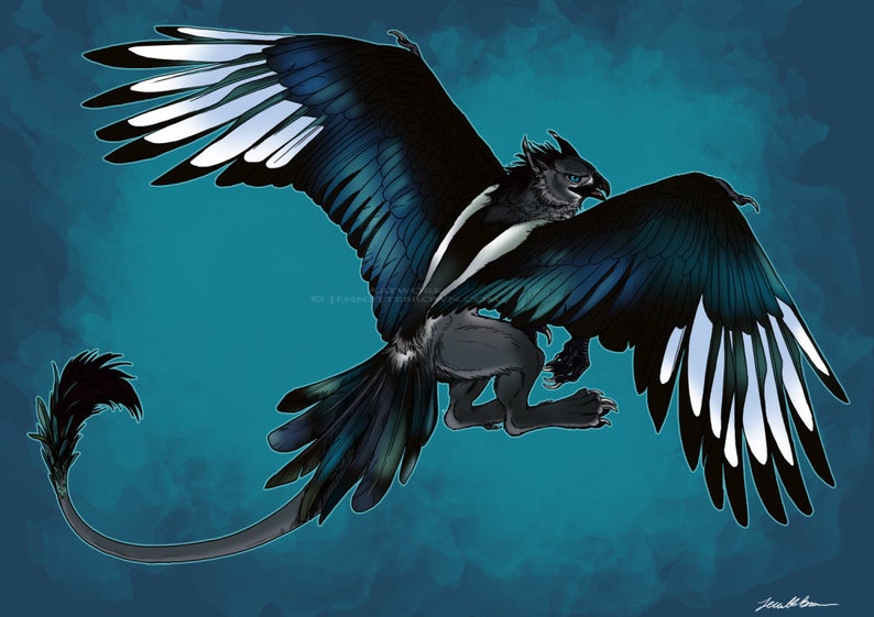 Pu&ograve; includere: Illustrazione digitale di un grifone in volo, con corpo nero, ali con accenti bianchi e verde acqua e una lunga coda piumata. Lo sfondo &egrave; una sfumatura verde acqua.