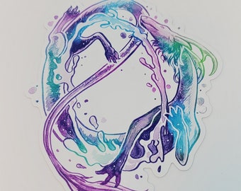 Fantasy Colorful Circle Flying Dragon Watercolor Rainbow Weatherproof Sticker