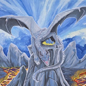 ORIGINAL ARTWORK -- Traditional Gouache Watercolor Painting Dragon Fantasy Portrait