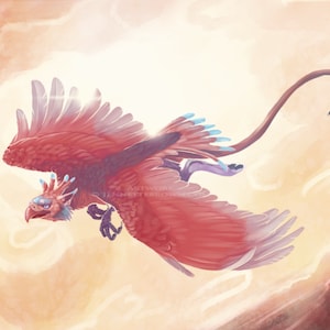 Gryphon Flying Bright Sun Sky Fantasy Illustration Prints and Posters