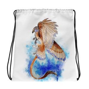 Blue Gryphon Watercolor Painting Fantasy Illustration Drawstring Bag
