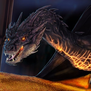 May include: Digital art of a large, black dragon with glowing orange veins and eyes, facing a small figure. The dragon's mouth is open, revealing sharp teeth. The scene is set in a dark, cavernous space with a golden foreground.