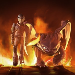 May include: Digital artwork featuring a warrior in armor and a dragon amidst flames. The warrior wears a helmet and cape, standing beside a black dragon with glowing red accents. The background is filled with fire.