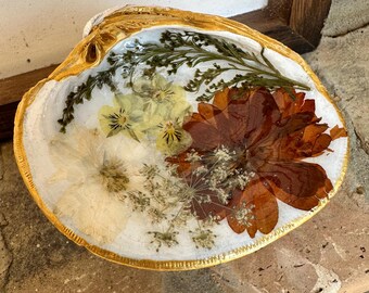 Plato de joyería de concha con flores secas