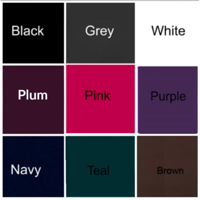 Peut inclure: Une palette de couleurs pr&eacute;sentant neuf &eacute;chantillons de couleurs unies. Les couleurs comprennent le noir, le gris, le blanc, prune, rose, violet, marine, sarcelle et marron. Chaque couleur est &eacute;tiquet&eacute;e avec son nom en texte blanc.