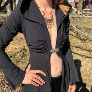 Dominique Stretch Cotton Organic Hooded Fitted Maxi Jacket, Priestess, Black Fairy Coat, Elven, Medieval Costume, Gothic Hoodie, Medium ONLY