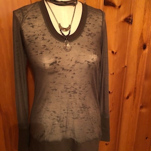 Sheer Scoop Neck, Cotton Lycra Stretch Knit, T shirt top, Long Line Tunic, Long Sleeves, Boho, Scrunch Cuffs, See-Through Woodland Fairy