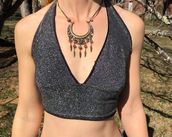 Silver Sparkle Halterneck Tie Top, Silver and Black overtones, Bellydance, Festival, Sun Top