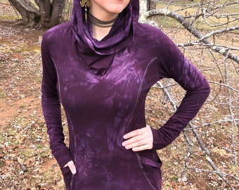 Hand Dyed, Bamboo/Hemp Hoodie Cowl Neck Dress, Stretch Terry and Jersey Shaped Torso, Pockets, Long Sleeves, Scrunch Cuffs, Athleisure