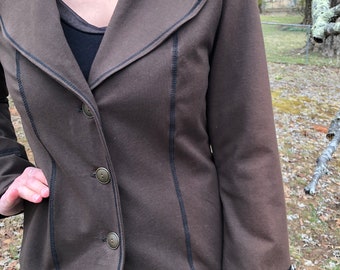 Steampunk Lined Jacket SMALL Only, Stretch Brown Cotton Lycra, Office Blazer Single Breasted Long Fitted Jacket, Brass Buttons