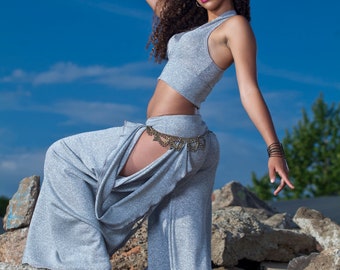 Silver Sparkle Sakura Open Hip Dance Pants, Low Rise, Wide