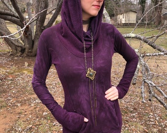 Hand-dyed Bamboo/Hemp Athleisure Cowl Hoodie. Burgundy Stretch Jersey and Fleece. Kangaroo pocket. Long Line Tunic, Boho, Scrunch Cuffs