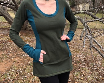 Cotton Lycra Scoop Neck, Kangaroo Pocket, Rib Stretch Knit, Shaped Torso, Olive T Shirt Top, Long Tunic, Boho, Scrunch Cuffs, Woodland Fairy