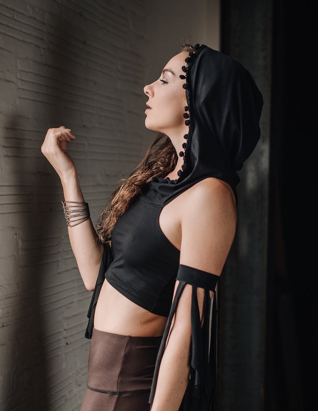 Emma Hooded Crop Top With Pompom Trim, Racerback Tank Hoodie, Boho ...