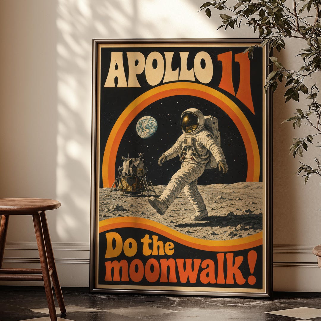 Apollo 11 Moonwalk Poster, Retro Space Age Wall Art, Vintage Astronaut ...