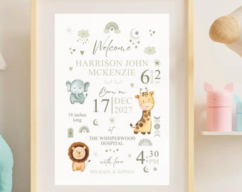 Personalized Safari Animals Birth Stats Print: Nursery Decor (Digital Download)