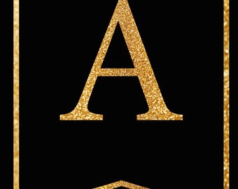 Black & Gold Glitter Printable Banner - Alphabet, Numbers and  Symbols DIY Party Decor