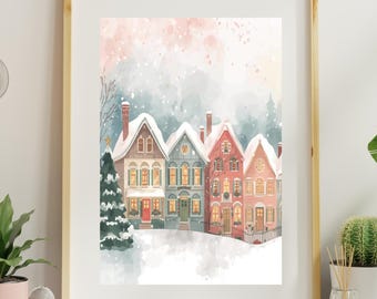 Pastel Winter Christmas Village Art Print, Cozy Holiday Town Houses Wall Decor