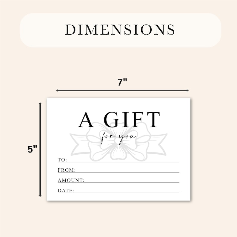 K&ouml;nnte beinhalten: Eine wei&szlig;e Geschenkkarte mit dem Text "A GIFT for you" und Zeilen f&uuml;r Empf&auml;nger, Absender, Betrag und Datum. Die Karte ist 17,78 cm breit und 12,7 cm hoch.