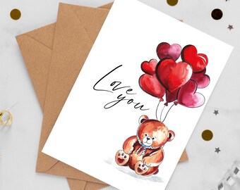 Teddybär Valentinstag druckbare Karte, liebe dich Karte