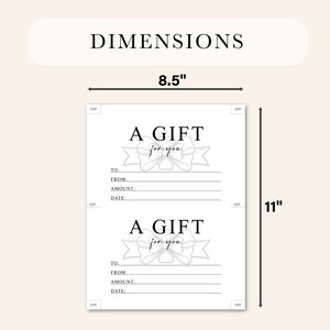 K&ouml;nnte beinhalten: Wei&szlig;er Geschenkgutschein mit dem Text "A GIFT for you" und einer Schleifengrafik. Der Gutschein ist 21,59 cm breit und 27,94 cm hoch. Enth&auml;lt Felder f&uuml;r Empf&auml;nger, Absender, Betrag und Datum.