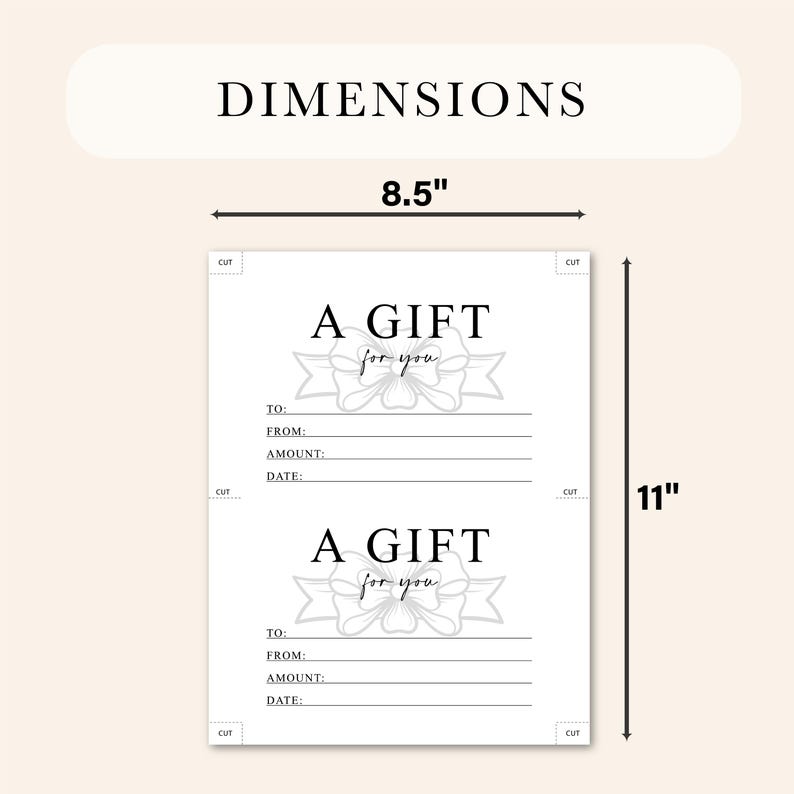 K&ouml;nnte beinhalten: Wei&szlig;er Geschenkgutschein mit dem Text "A GIFT for you" und einer Schleifengrafik. Der Gutschein ist 21,59 cm breit und 27,94 cm hoch. Enth&auml;lt Felder f&uuml;r Empf&auml;nger, Absender, Betrag und Datum.