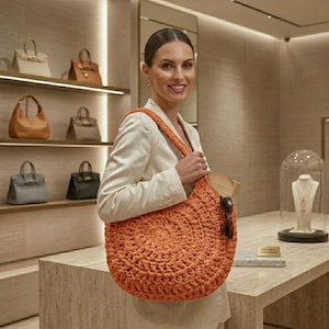 Puede incluir: Un bolso tote naranja de ganchillo con una correa trenzada. El bolso es redondo y parece hecho a mano. La mujer lleva una blazer blanca y sostiene el bolso sobre su hombro. Gafas de sol están sujetas al bolso.