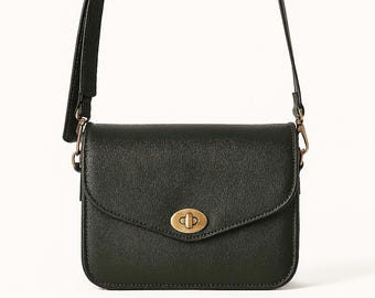 Black Faux Leather Crossbody Bag – Elegant Shoulder Purse with Gold Clasp