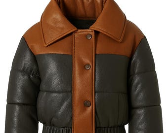 Two-Tone Faux Leather Balloon Jacket - Brown & Olive, Quilted Puffer