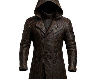 Handmade Dark Brown Leather Cyberpunk Cloak | Hooded Gothic Trench Coat