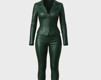 Dark Green Women’s Leather Costume Suit – Gothic Fitted Set