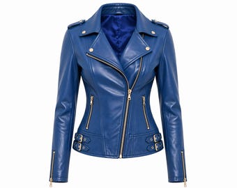 Blue Leather Biker Jacket for Women | Slim Fit Fashion Outerwear