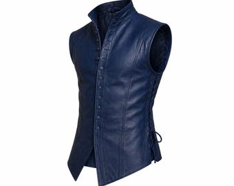 Men's Blue Leather Vest – Medieval Inspired Sleeveless Jacket, Lace-Up Waistcoat