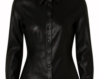 Women's Faux Leather Shirt – Black Button-Up, Tailored Fit