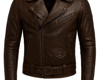 Men’s Black Leather Biker Jacket – Asymmetrical Zipper, Silver Hardware, Belted Waist.