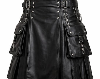 Men’s Black Leather Fancy Utility Kilt with Chains & Pockets