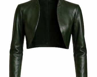 Women’s Dark Green Cropped Leather Jacket – Sleek Open Front