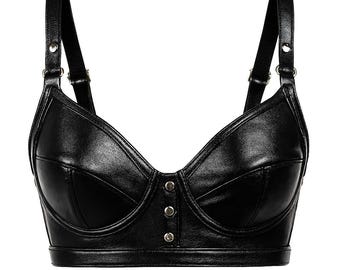 Women’s Black Leather Bustier Bra – Studded Gothic Bralette