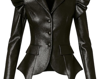 Sculpted Faux Leather Peplum Jacket – Quilted Shoulder, Handmade