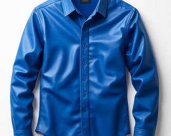 Men’s Blue Glossy Faux Leather Shirt – Modern Streetwear